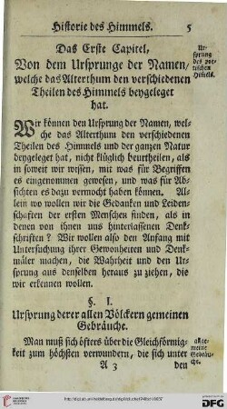 Das erste Capitel: Von dem Ursprunge der Namen, welche das Alterthum den verschiedenen Theilen des Himmels beygelegt hat