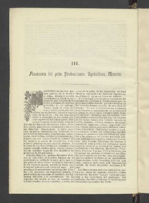 III. Fisonumia del pais, Producciones, Agricultura, Minería.