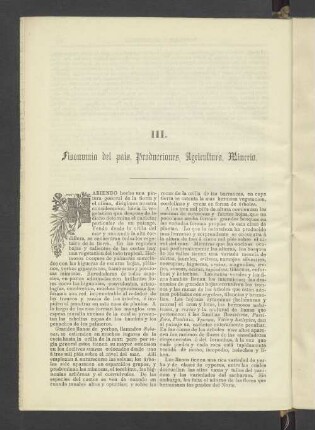 III. Fisonumia del pais, Producciones, Agricultura, Minería.