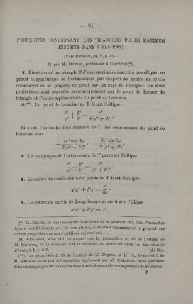 PROPRIÉTÉS CONCERNANT LES TRIANGLES D'AIRE MAXIMUM INSCRITS DANS L'ELLIPSE.