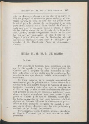 Discurso del Sr. Dr. D. Luis Cordero sobre la fundación de Cuenca