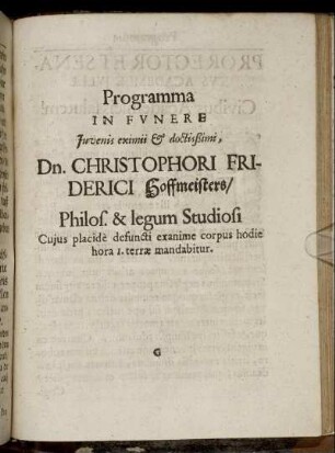 Programma in Funere Juvenis ... Dn. Christophori Friderici Hoffmeisters ...