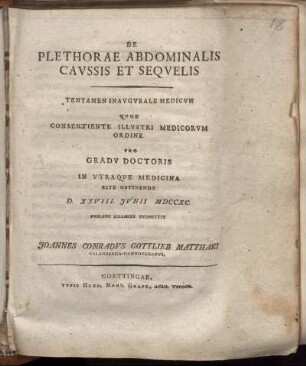 De Plethorae Abdominalis Caussis Et Sequelis : Tentamen Inaugurale Medicum : D. XXVIII. Iunii MDCCXC.