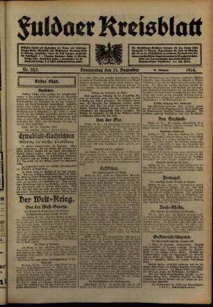 Erste Ausgabe vom Donnerstag, den 31. Dezember 1914.