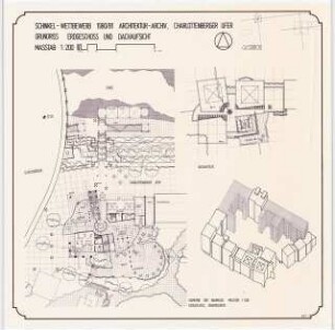 Architektur-Archiv, Karl Friedrich Schinkel gewidmet, Wohnbebauung in Beziehung zu Spree und Schloss Charlottenburg, Berlin Schinkelwettbewerb 1981: Architektur-Archiv: Grundrisse Erdgeschoss, Dachaufsicht 1:200