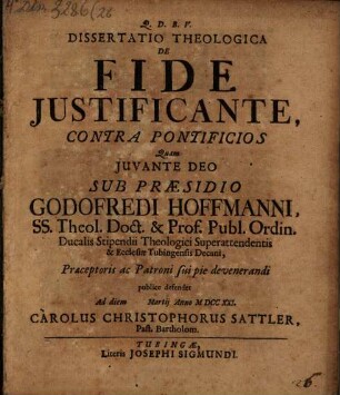 Diss. theol. de fide iustificante, contra pontificios