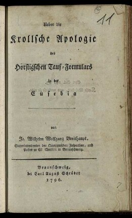 Ueber die Krollsche Apologie des Horstigschen Tauf-Formulars in der Eusebia