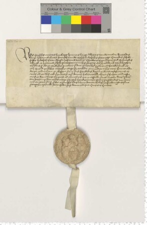 Die Ratsmannen Hinrik Lange, Albert van der Molen und viele andere bezeugen, dass Hermann van Hagen dem Hinrik Oldendorp ein Haus und Grundstück verkauft hat. [lat.]