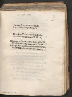 Carmen de arte metrica Magistri || Henrici Aquilonipolensis P. || ... ||