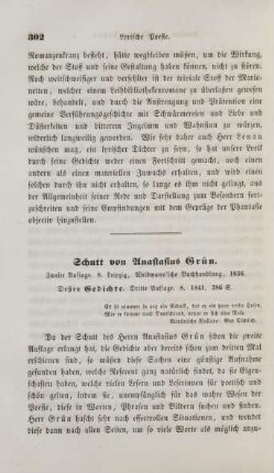 Schutt von Anastasius Grün. Zweite Auflage. 8. Leipzig, Weidmann'sche Buchhandlung, 1836 ...
