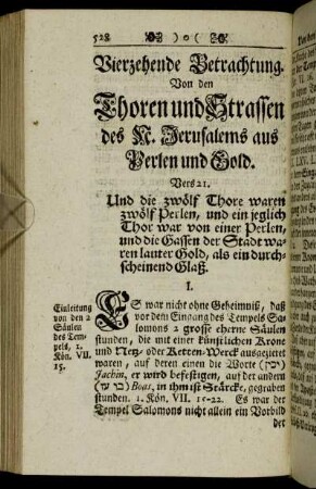 Vierzehende Betrachtung. Von den Thoren und Strassen des N. Jerusalems aus Perlen und Gold.