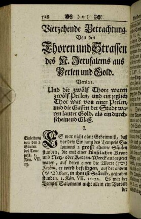 Vierzehende Betrachtung. Von den Thoren und Strassen des N. Jerusalems aus Perlen und Gold.