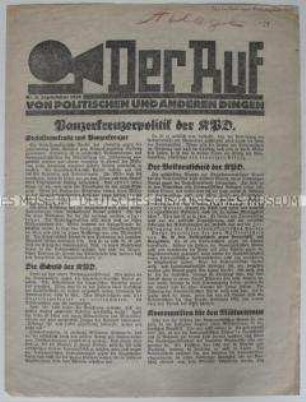 Lokales Mitteilungsblatt der SPD Leipzig "Der Ruf" u.a. zur Auseinandersetzung mit der KPD