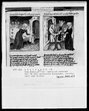 Zwei Schriften — Speculum humanae salvationis — Textseite mit zwei Miniaturen, Folio 86recto