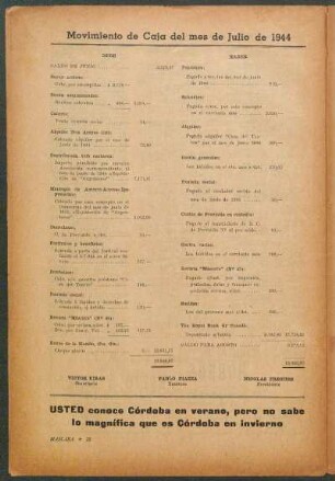 Movimiento de Caja del mes de Julio de 1944