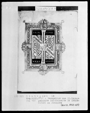 Prachtevangeliar aus Sankt Gereon — Initialseite IN (principio erat verbum) mit dem Gotteslamm und den vier Evangelistensymbolen, Folio 157recto