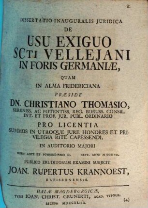 Diss. inaug. iur. de usu exiguo SCti Velleiani in foris Germaniae