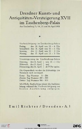Im Taschenbergpalais, 14., 15. und 16. April 1931 (Katalog Nr. 17)