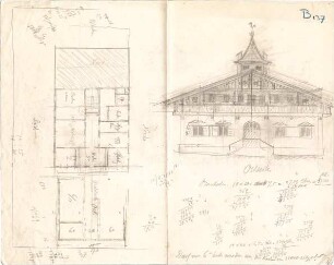 Thiersch, August ; Öffentliche Bauten - Landschulen (Grundriss, Ansicht)