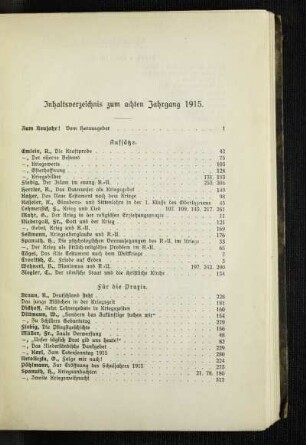 Inhaltsverzeichnis zum achten Jahrgang 1915