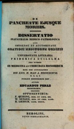 De pancreate eiusque morbis : Diss. inaug. med. path.