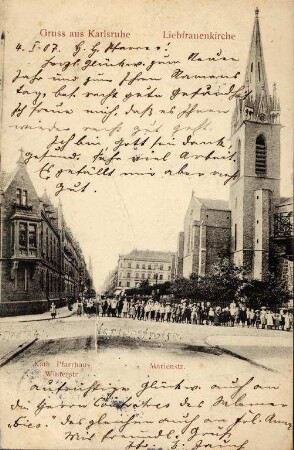 Postkartenalbum. "Gruss aus Karlsruhe". Liebfrauenkirche und Katholisches Pfarrhaus