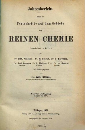Jahresbericht über die Fortschritte auf dem Gebiete der reinen Chemie. 4. 1876 (1877)