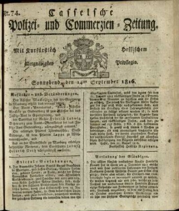 Nr. 74, Sonnabend, den 14ten September 1816