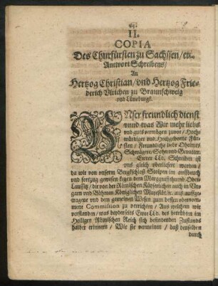 II. Copia Des Churfürsten zu Sachssen/ etc. Antwort Schreibens/ An Hertzog Christian/ und Hertzog Friederich Ulrichen zu Braunschweig und Lüneburgk.