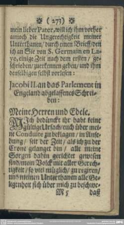 Jacobi II. an das Parlement in Engeland abgelassenes Schreiben