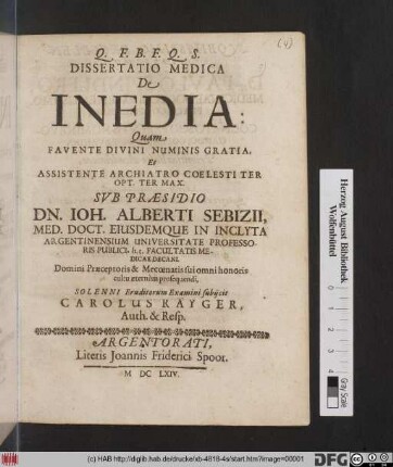 Dissertatio Medica De Inedia