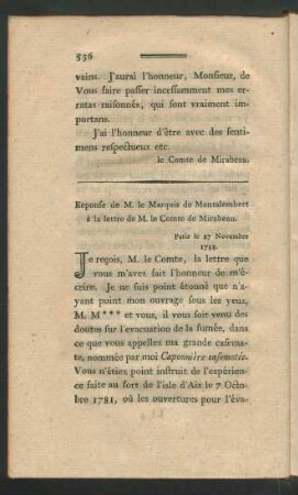 Reponse de M. le Marquis du Montalembert à la lettre de M. le Comte de Mirabeau