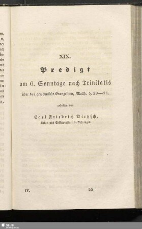 XIX. Predigt am 6. Sonntage nach Trinitatis über das gewöhnliche Evangelium, Matth. 5, 20-26
