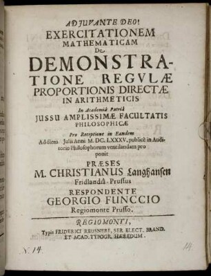 Exercitationem Mathematicam De Demonstratione Regulae Proportionis Directae In Arithmeticis