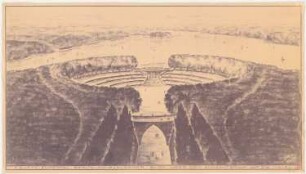 Ehrenmal Pichelswerder, Berlin-Spandau: Perspektivische Ansicht (Vogelschau) mit Blick über den Andachtsraum Richtung Havel nach Süden, Stempel