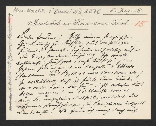 Briefkarte an Ferruccio Busoni : 05.12.1916