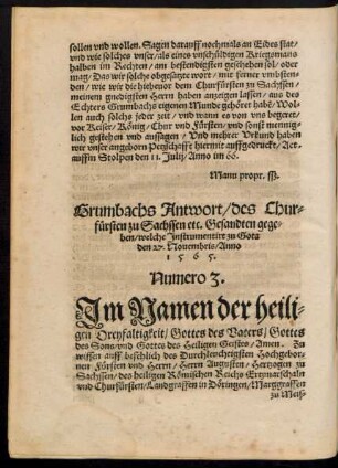 Grumbachs Antwort/ des Churfürsten zu Sachssen etc. Gesandten gegeben ... den 27. Novembris/ Anno 1565. Numero 3.