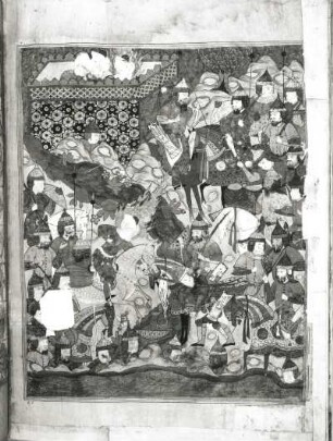 Ali tötet im Zweikampf einen Krieger : Ali tötet im Zweikampf einen Krieger. Aus der Handschrift "Falnamah", S. 26. Miniatur; 66,9 x 49 cm (Blattgröße). 17. Jh.. Dresden: SLUB Mscr. Dresd. Eb 445