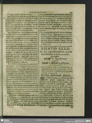 Relatio LXXXI. An jus repraesentationis locum etiam habeat in fideicommissis. In Sachen Wolff B. Appellanten. Contra Annä B. Erben Appellaten