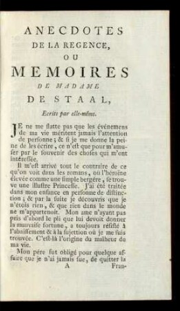 Anecdotes De La Regence Ou Memoires De Madame De Staal, ... .