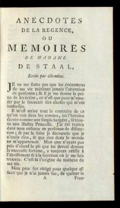 Anecdotes De La Regence Ou Memoires De Madame De Staal, ... .