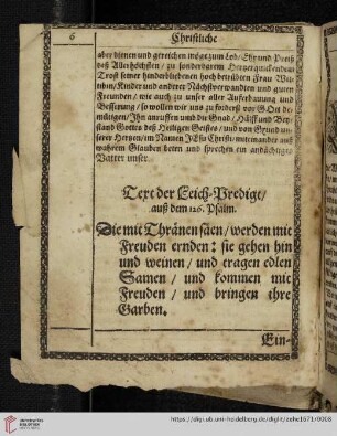 Text der Leich-Predigt / auß dem 126. Psalm