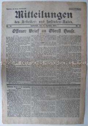 Mitteilungsblatt des Arbeiter- und Soldaten-Rates Halberstadt mit einem offenen Brief von Walter Rathenau an einen englischen (?) Oberst