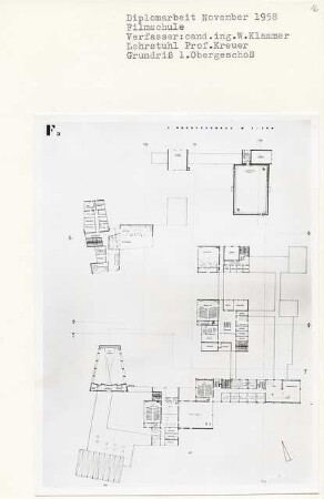 Filmschule, Berlin-Dahlem (Diplomarbeit bei Willy Kreuer): Grundriss 1. Obergeschoss 1:200