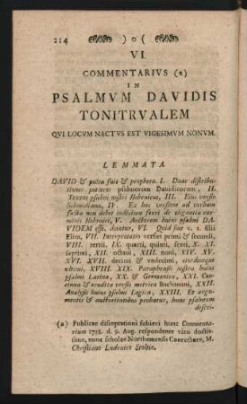 VI. Commentarius (a) In Psalmum Davidis Tonitrualem Qui Locum Nactus Est Vigesimum Nonum