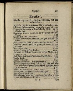 Register, Uber die Agenda oder Kirchen Ordnung, und was derselben folget.