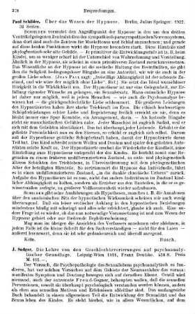 378, Paul Schilder. Über das Wesen der Hypnose. 1922