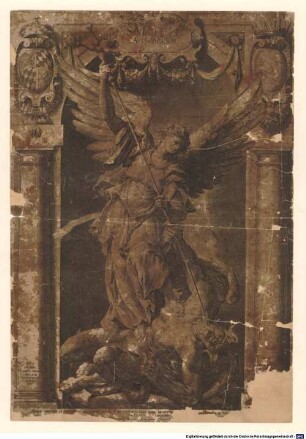 Nachlass von Otto Aufleger (1849-1920) – BSB Auflegeriana. 19, Skulptur des Erzengel Michael an der Michaelskirche in München (Kupferstich) - BSB Auflegeriana 19
