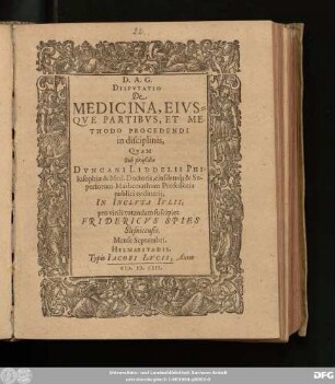Disputatio De Medicina, Eiusque Partibus, Et Methodo Procedendi in disciplinis