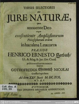 Theses selectiores de jure naturae